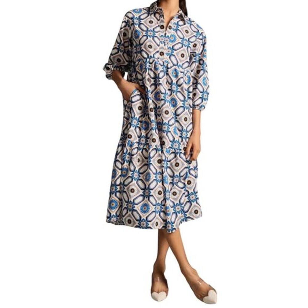 Maeve by Anthropologie Bettina Tiered Midi Shirt Dress Cream Blue Women's Large
